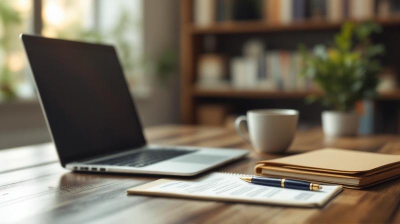 Schreibtisch mit Laptop, Mappe mit Unterlagen und einer Tasse Tee im ruhigen Vormittagslicht