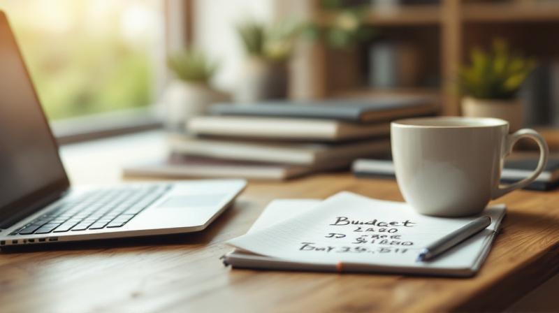 Arbeitsplatz mit Laptop, Rechner, Notizbuch und Kaffeetasse im warmen Seitenlicht