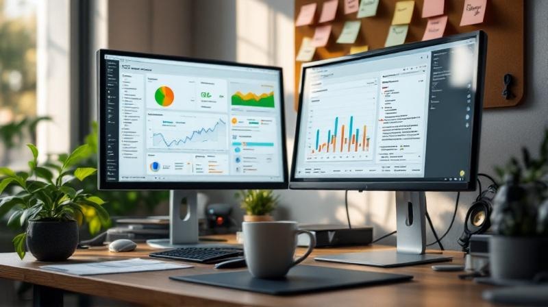 Arbeitsplatz mit zwei Bildschirmen, Notizzettel auf einer Pinnwand, im Vordergrund eine Kaffeetasse