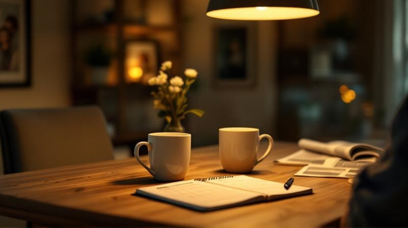 Familientisch mit Tassen, einem Notizbuch und einem Kalender, Abendstimmung und warmes Licht