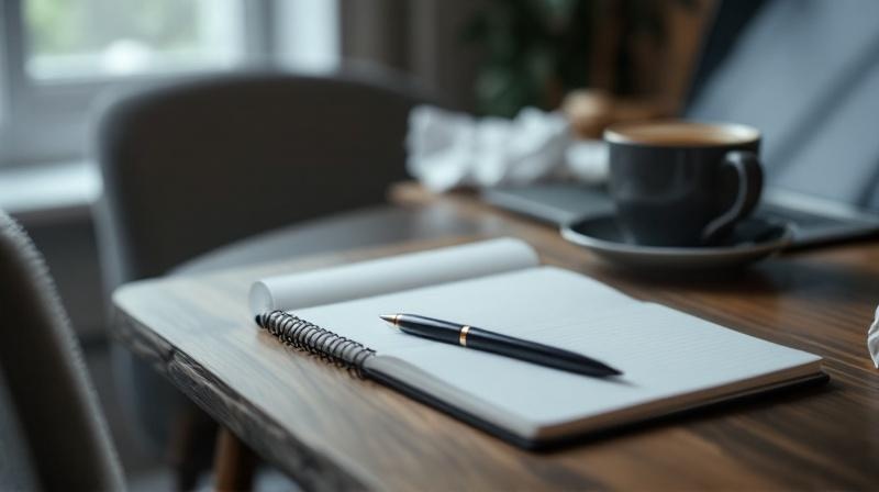 Geschlossenes Notizbuch mit halb aufgeschlagenem Laptop im Hintergrund, gedämpftes Licht