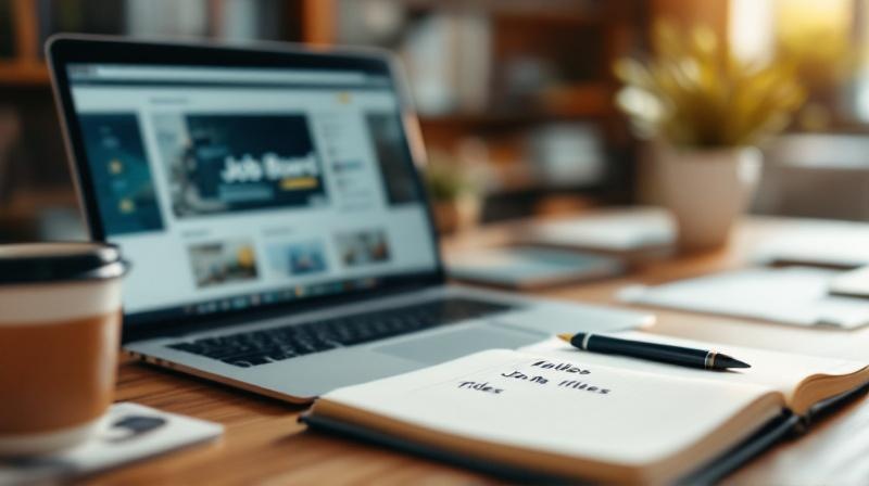Laptop mit geöffneter Jobsuche, Notizbuch mit einer Liste von Berufstiteln und eine Kaffeetasse