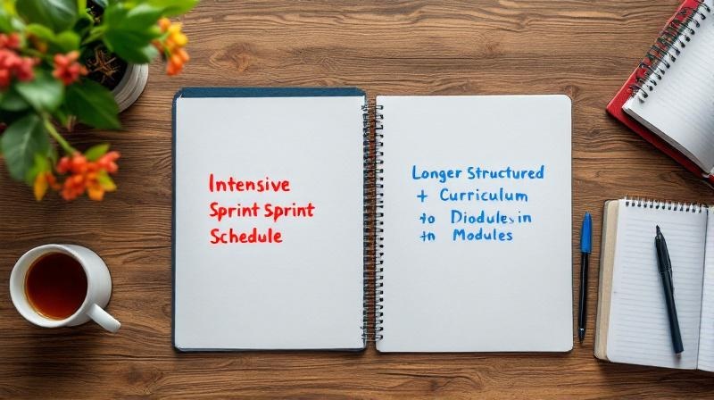 Zwei Kursformate im Vergleich, intensive Sprint-Grafik und strukturierter Langkurs