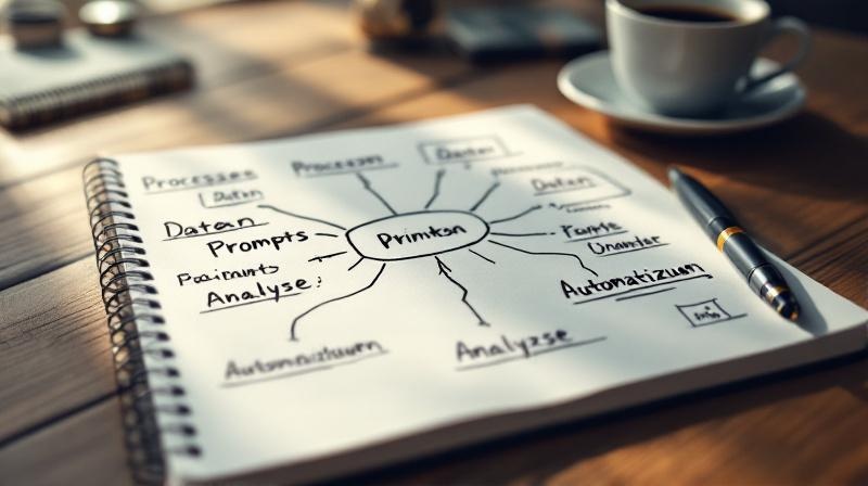 Notizbuch mit handschriftlicher Mindmap zu verschiedenen KI-Einsatzfeldern, Stift daneben