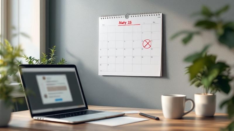 Kalenderseite mit rot durchgestrichenem Termin, Laptop und Stift daneben, ruhige Morgenstimmung