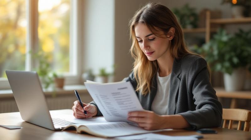 Person am Schreibtisch vergleicht Notizen zu verschiedenen Kursformaten