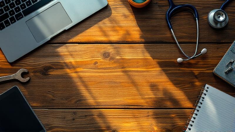 Stethoskop, Werkzeug und Laptop nebeneinander auf Holztisch