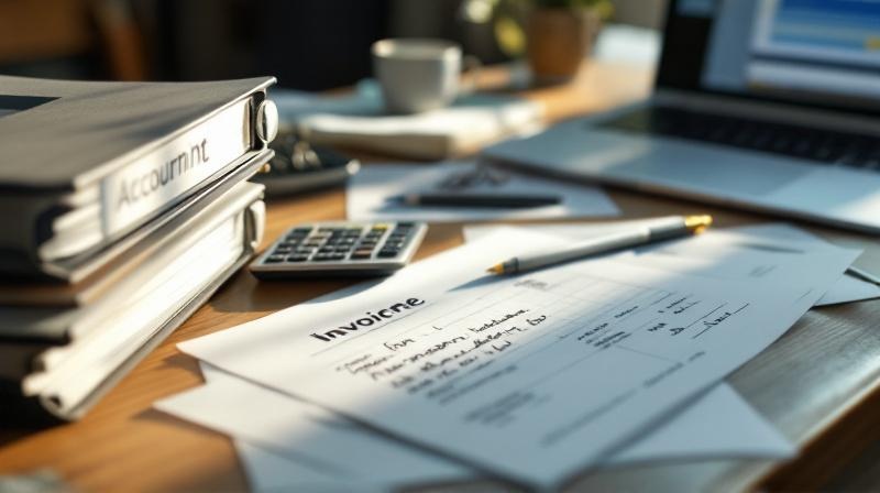 Schreibtisch mit Aktenordnern, Taschenrechner, Laptop und Kaffeetasse in warmem Licht