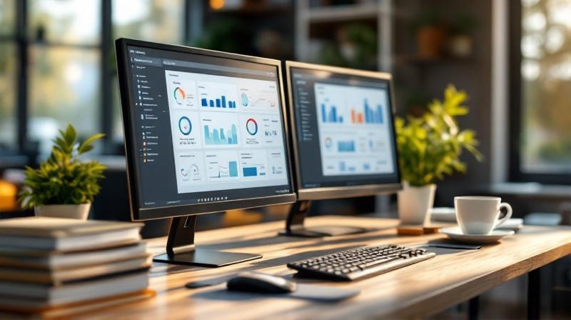 Aufgeräumter Büroschreibtisch mit zwei Monitoren, Aktenordnern und einer Pflanze in weichem Licht