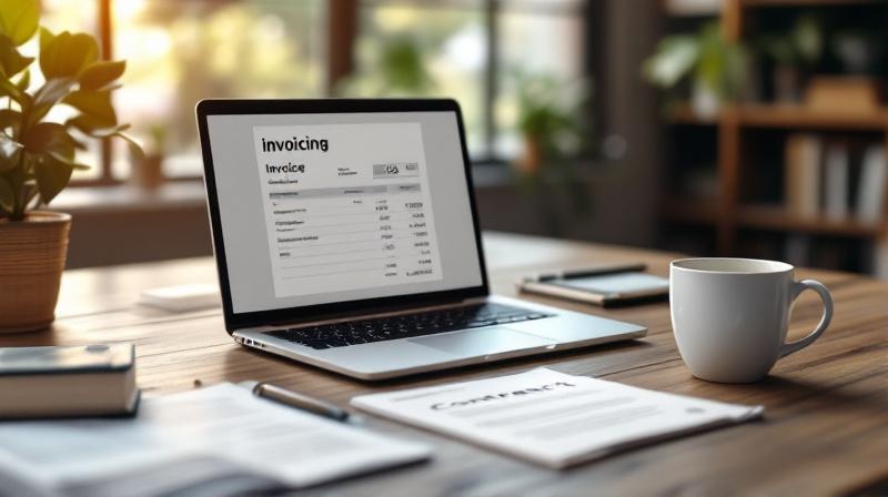 Schreibtisch im Homeoffice mit Laptop, aufgeschlagenem Notizbuch, Rechnungsvorlage und einer Kaffeetasse im warmen Seitenlicht