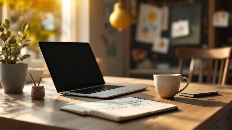 Heller Küchentisch mit aufgeschlagenem Notizbuch, Laptop und einer Tasse Tee am Nachmittag