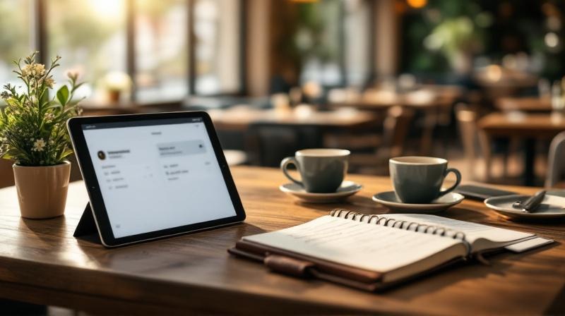 Restaurant-Theke mit Tablet, Reservierungsbuch und Kaffeetassen bei morgendlichem Fensterlicht