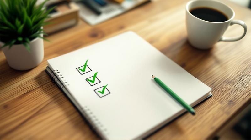 Schreibtisch mit einem grünen Notizbuch, aufgeschlagener Checkliste und einem grünen Stift