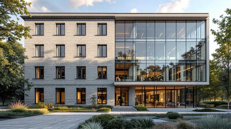 Hochschulgebäude mit klassischer Fassade, daneben ein modernes Schulungszentrum aus Glas