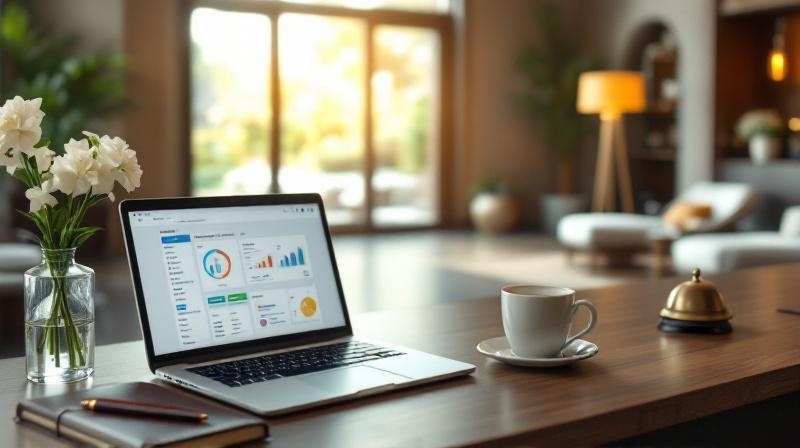 Rezeptionstresen mit Laptop, Gästebuch, Blumen und Morgenlicht im Hintergrund