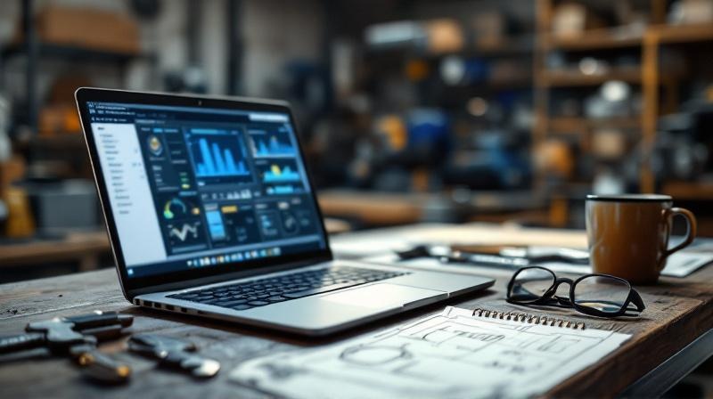 Werkstatttisch mit Laptop, Messgeräten, Zeichnungen und Werkstattlicht im Hintergrund