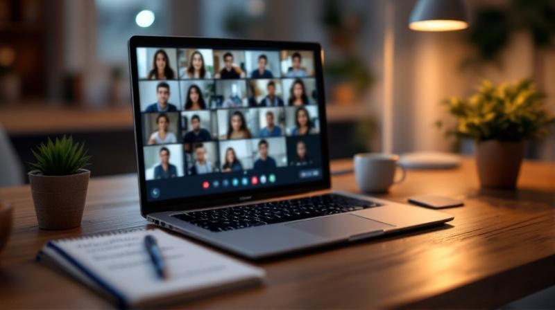 Laptop mit laufender Videokonferenz, daneben aufgeschlagener Notizblock und ein Kugelschreiber