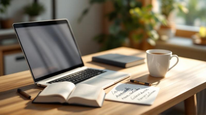 Schreibtisch zuhause mit Laptop und aufgeschlagenem Anatomie-Heft neben einer Kaffeetasse im warmen Morgenlicht