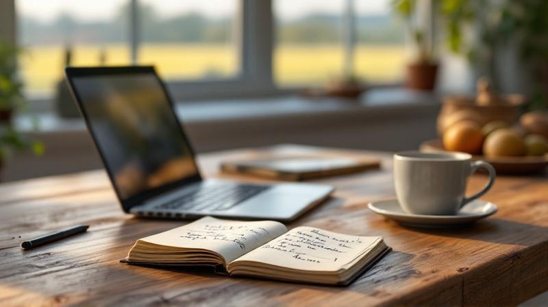 Arbeitsplatz am Küchentisch eines landwirtschaftlichen Hofs mit Laptop, Notizen und Blick auf Felder
