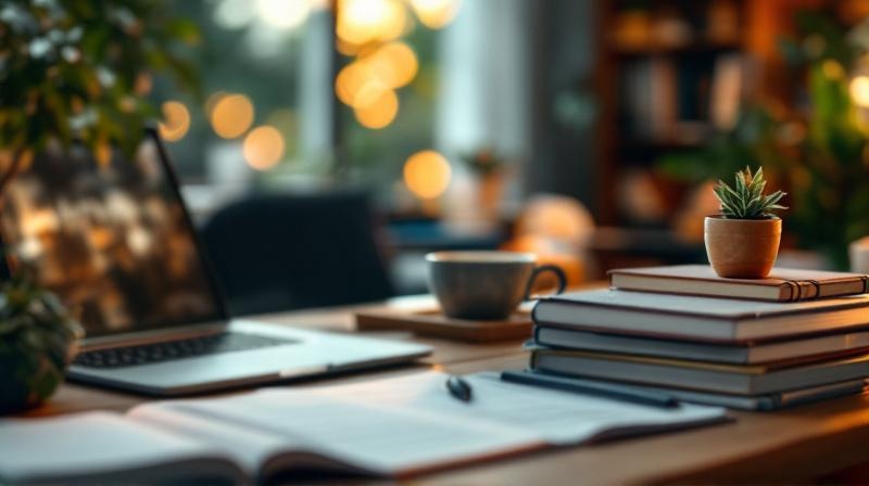 Schreibtisch mit Laptop, Fachbüchern und Notizheft in warmem Licht