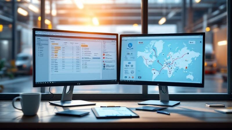 Schreibtisch in einem Dispositionsbüro mit Monitor, Tablet, Lieferscheinen und Kaffee