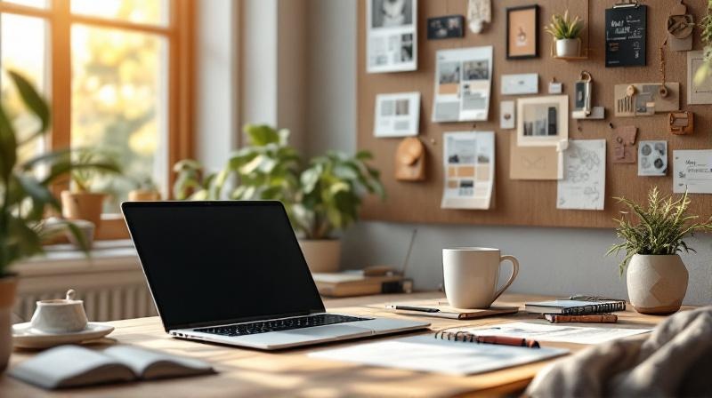 Kreativer Arbeitsplatz mit Laptop, Moodboard an der Wand und Notizblock