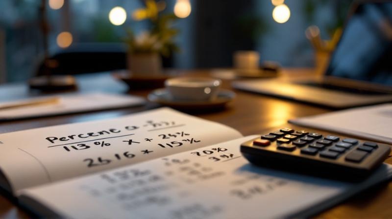 Mathematikheft mit einfachen Formeln und Taschenrechner daneben