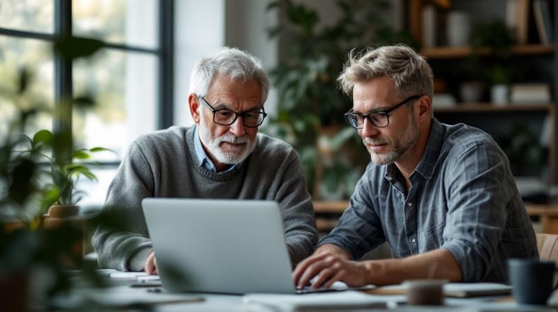 Zwei Personen unterschiedlichen Alters am Computer, Teamwork-Szene