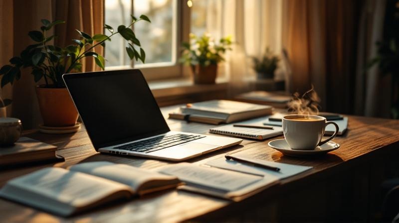 Person am Laptop, umgeben von Notizen und Büchern, ohne klassischen Bürohintergrund