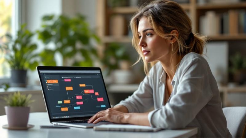 Frau am Schreibtisch mit Laptop, auf dem eine visuelle KI-Oberfläche sichtbar ist