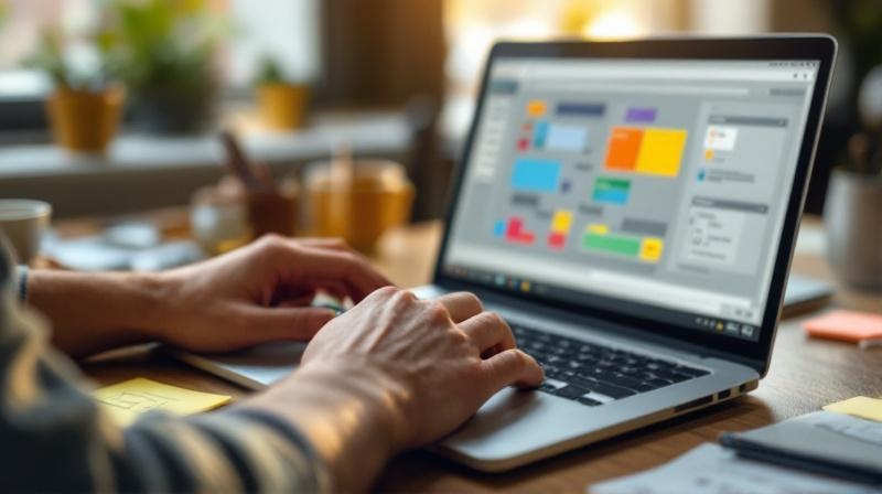 Hände am Laptop mit Low-Code-Oberfläche, Drag-and-Drop-Blöcke sichtbar