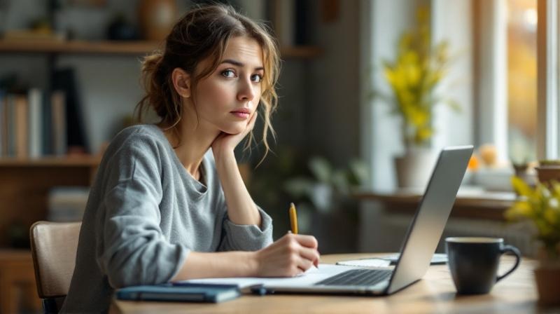 Frau am Schreibtisch mit Laptop, Notizbuch und Kaffeetasse, konzentriert am Lernen