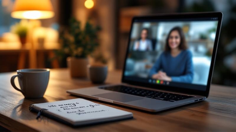 Laptop mit Videokonferenz-Fenster auf einem Holztisch, daneben Notizbuch und Kaffeetasse in warmem Abendlicht