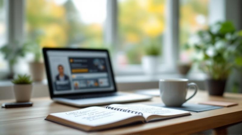 Schreibtisch zuhause mit Laptop und aufgeschlagenem Heft vor einem hellen Fenster