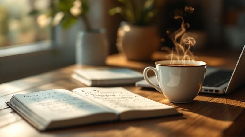 Person am Küchentisch mit Teetasse und aufgeschlagenem Notizbuch