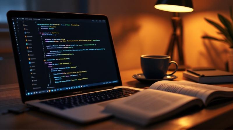 Laptop-Bildschirm mit einfachem Python-Code und einem Buch zur Programmierung