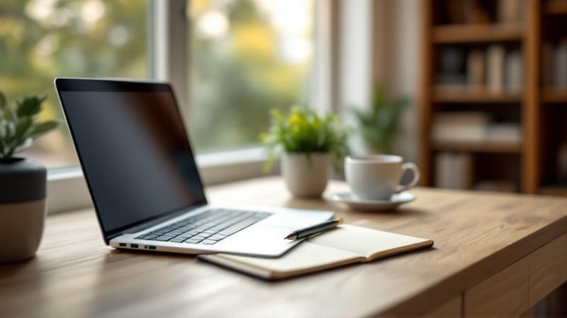 Ruhiger Arbeitsplatz am Fenster mit Laptop, Notizbuch und Pflanze im gedämpften Licht