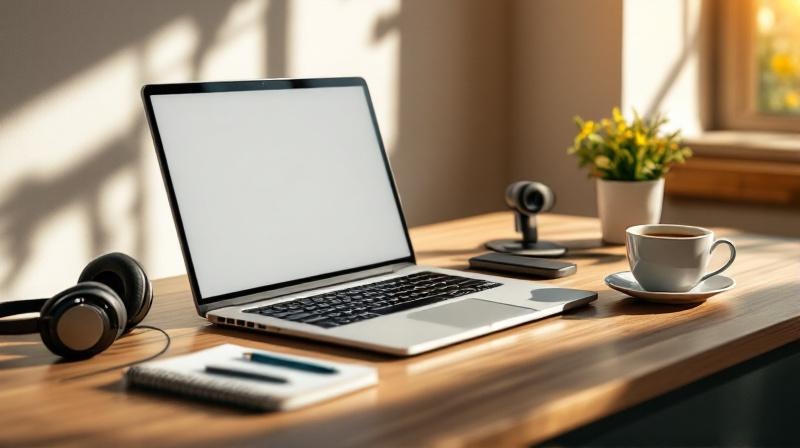 Laptop auf einem Schreibtisch mit Headset, Webcam und Notizbuch