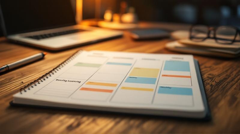 Wochenkalender mit markierten Lernblöcken am Abend und Wochenende