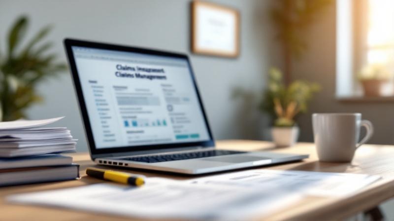 Moderner Schreibtisch in einem Versicherungsbüro mit Laptop, Papierstapel und Kaffeetasse
