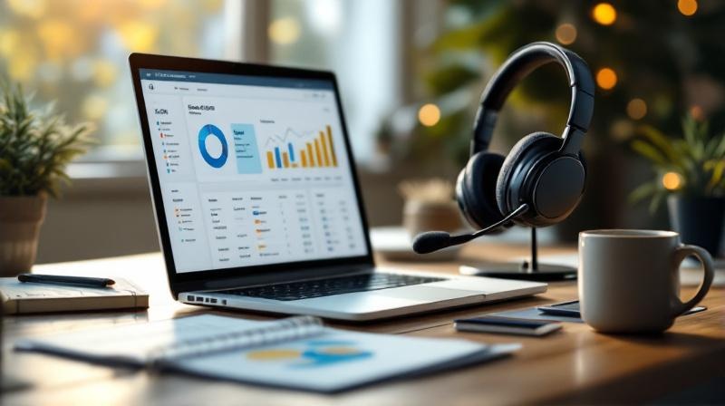 Schreibtisch mit Headset, Laptop und Verkaufsgesprächs-Notizen