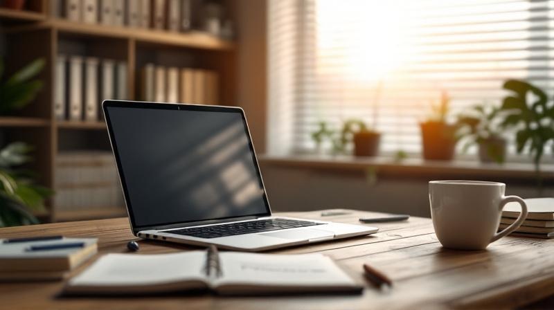 Schreibtisch mit Aktenordnern, Laptop und geöffnetem Notizbuch