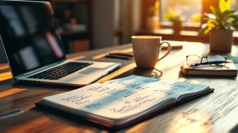 Schreibtisch mit Wochenkalender, Laptop und Kaffeetasse, Morgenlicht auf handschriftlichen Notizen