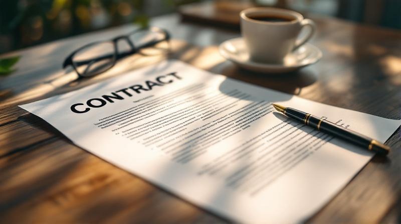 Ein aufgeschlagener Vertrag auf einem Schreibtisch, daneben ein Füller und eine Brille