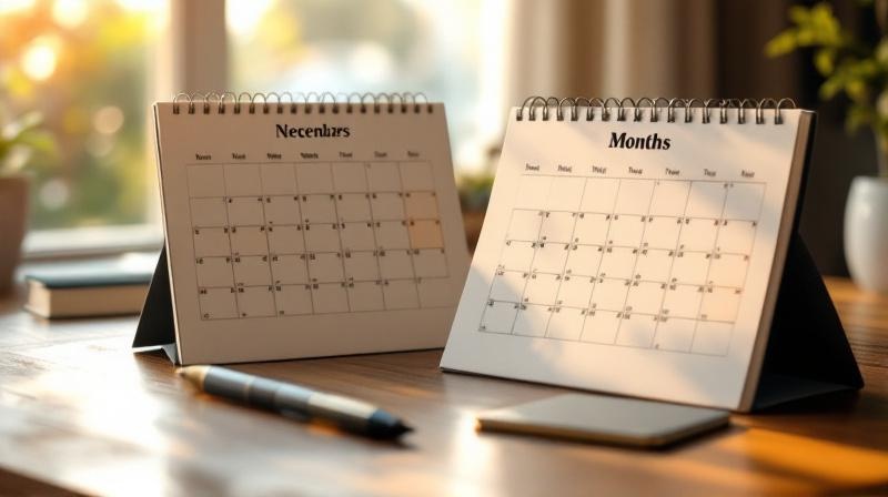 Zwei Kalenderseiten nebeneinander, eine mit 12 Wochen, eine mit 4 Monaten markiert