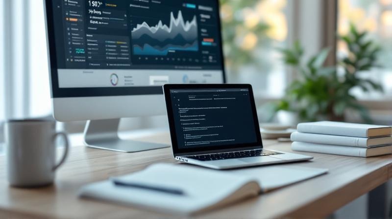 Aufgeräumter Schreibtisch mit Laptop, externem Monitor, Notizbuch und Büchern, helles Tageslicht