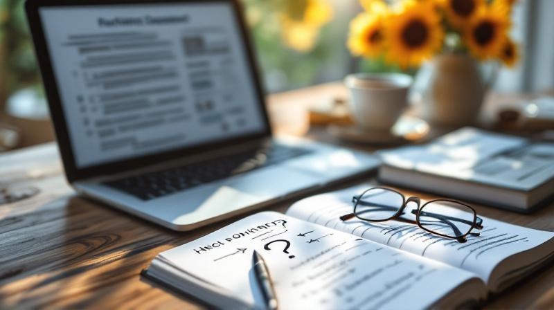 Laptop mit geöffnetem Lehrmaterial, Notizbuch mit Fragezeichen und Pfeilen, Teetasse, warmes Licht