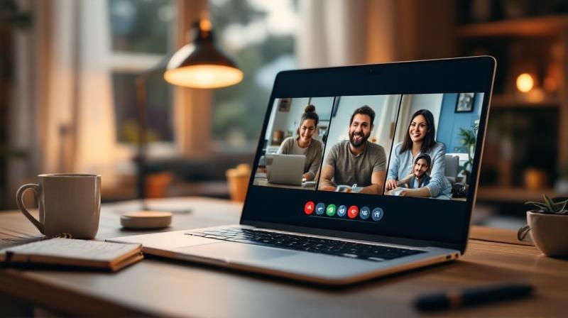 Drei Personen im Videoanruf auf einem Laptopbildschirm, Kaffeetasse und Notizbuch daneben