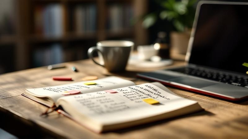 Notizbuch mit handschriftlichen Notizen und Farbmarkierungen neben einem Laptop auf einem Holztisch