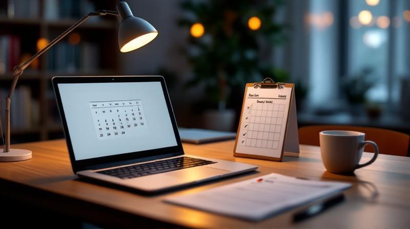 Schreibtisch mit Kalender, Laptop und Notizbuch, letzter Kurstag markiert, Abendlicht